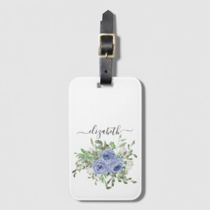 Elegant Blue Floral Watercolor Girly Script Name Luggage Tag