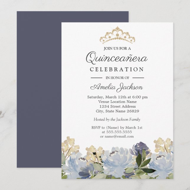 Elegant Blue Floral Watercolor Quinceanera Invitation (Front/Back)