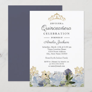 Elegant Blue Floral Watercolor Quinceanera Invitation