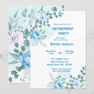 Elegant Blue Floral Watercolor Retirement Party Invitation