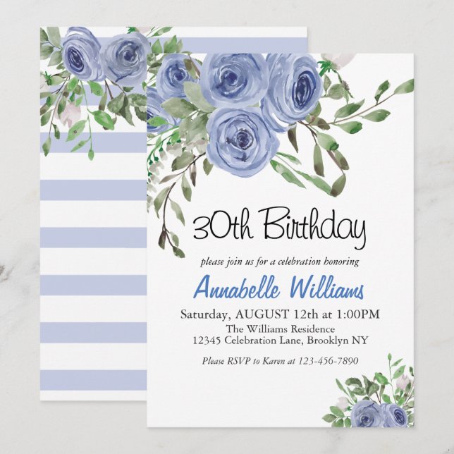 Elegant Blue Floral Watercolor Stripes Birthday Invitation (Front/Back)