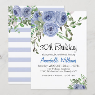 Elegant Blue Floral Watercolor Stripes Birthday Invitation