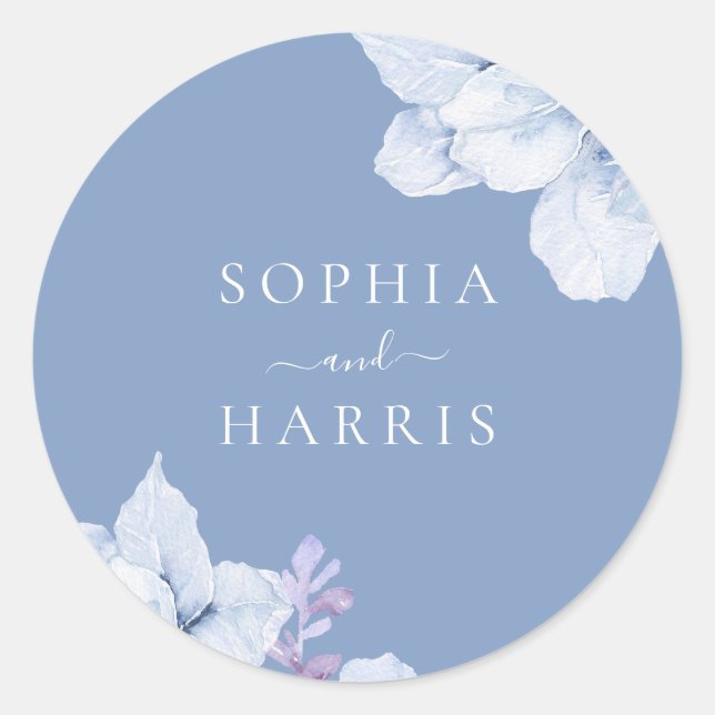 Elegant Blue Floral Watercolor Wedding Classic Round Sticker (Front)
