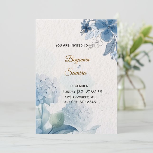 Elegant Blue Floral Watercolor Wedding Invitation  (Standing Front)