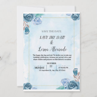 Elegant Blue Floral Watercolor Wedding Save the Da Invitation