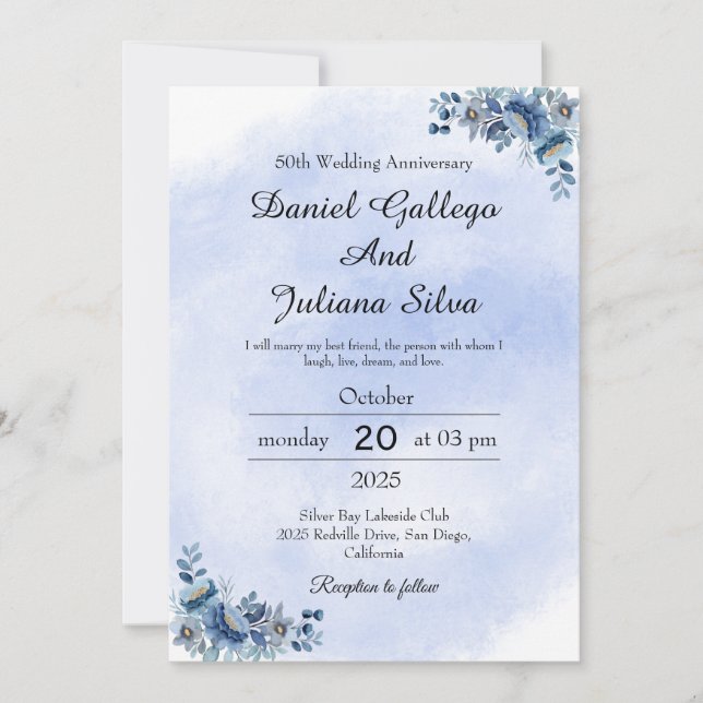Elegant Blue Floral Wedding Anniversary Invitation (Front)
