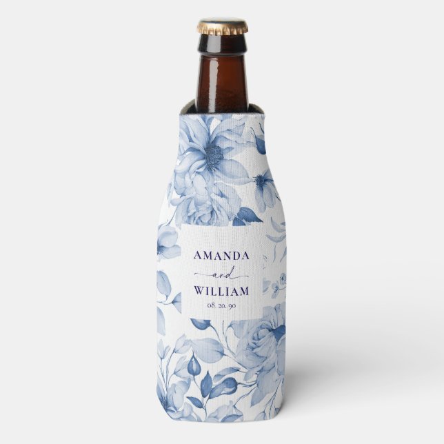 Elegant Blue Floral Wedding Bottle Cooler (Bottle Front)