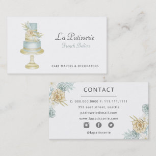 Elegant Blue Floral Wedding Cake Makers Bakery Business Card