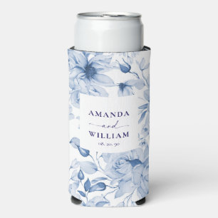 Elegant Blue Floral Wedding Can Cooler