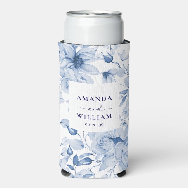 Elegant Blue Floral Wedding Can Cooler (Seltzer Front)