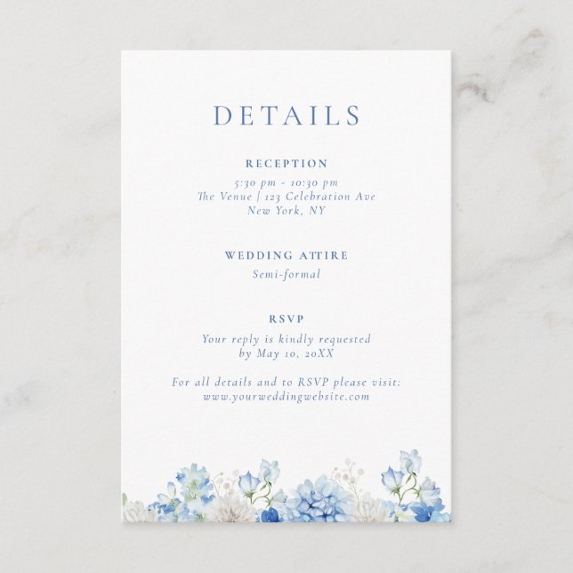 Elegant Blue Floral Wedding Details Enclosure Card (Front)