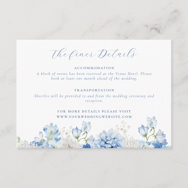 Elegant Blue Floral Wedding Details Enclosure Card (Front)