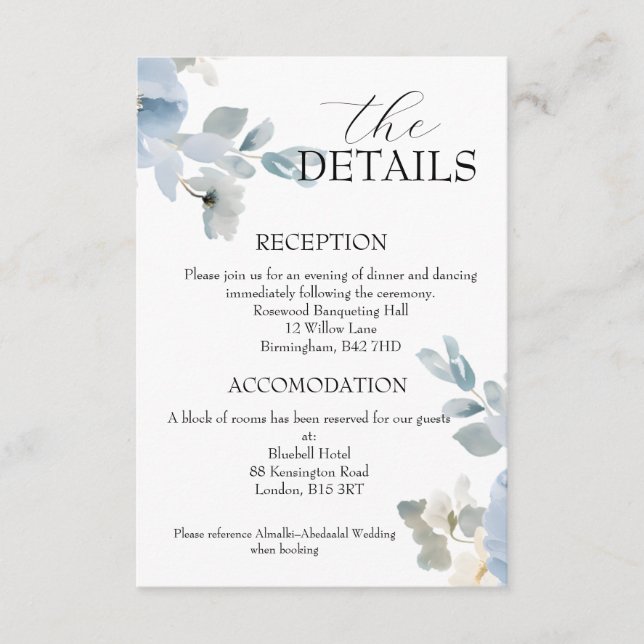 Elegant Blue Floral Wedding Details Enclosure Card (Front)
