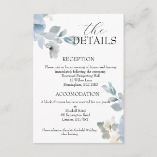 Elegant Blue Floral Wedding Details Enclosure Card