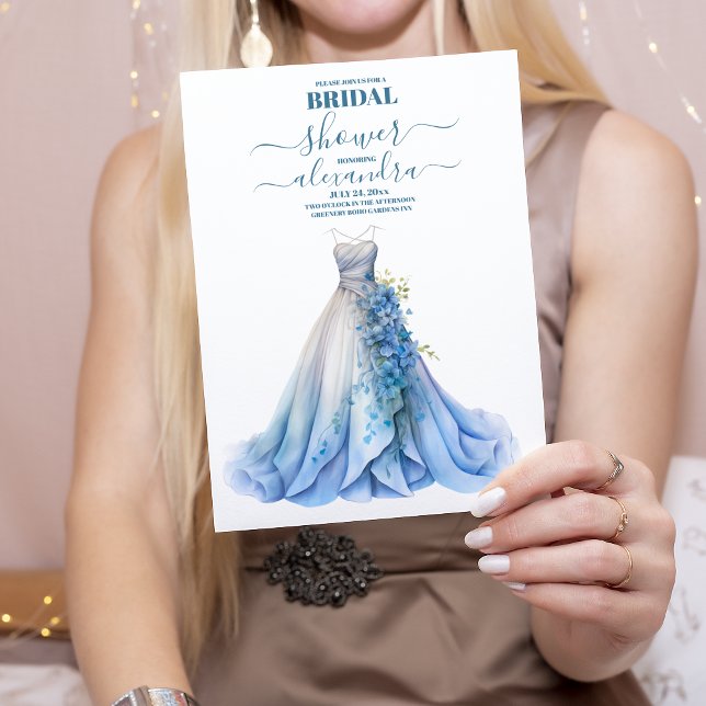 Elegant Blue Floral Wedding Dress Bridal Shower Invitation (Creator Uploaded)