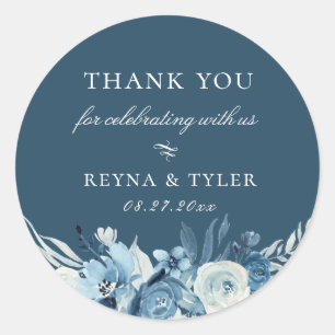 Elegant Blue Floral Wedding Favour Classic Round Sticker