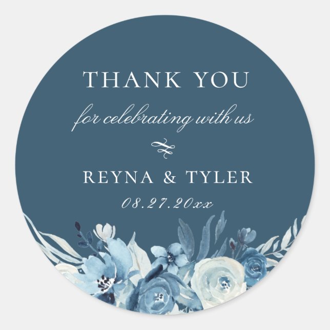 Elegant Blue Floral Wedding Favour Classic Round Sticker (Front)