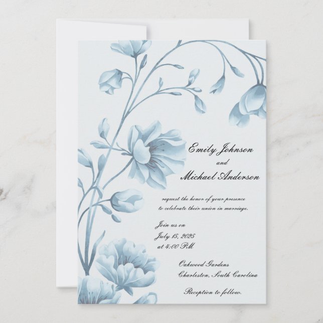 Elegant Blue Floral Wedding Invitation (Front)