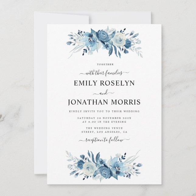 elegant blue floral wedding invitation (Front)