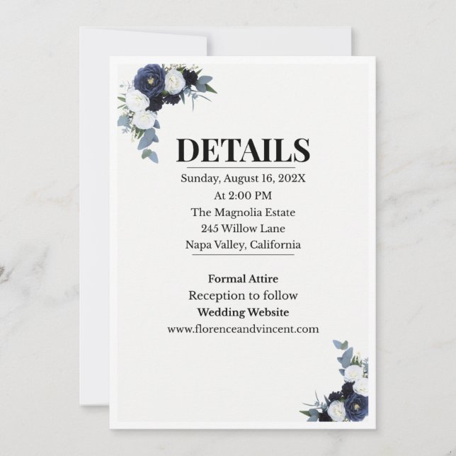 Elegant Blue Floral Wedding Invitation (Front)