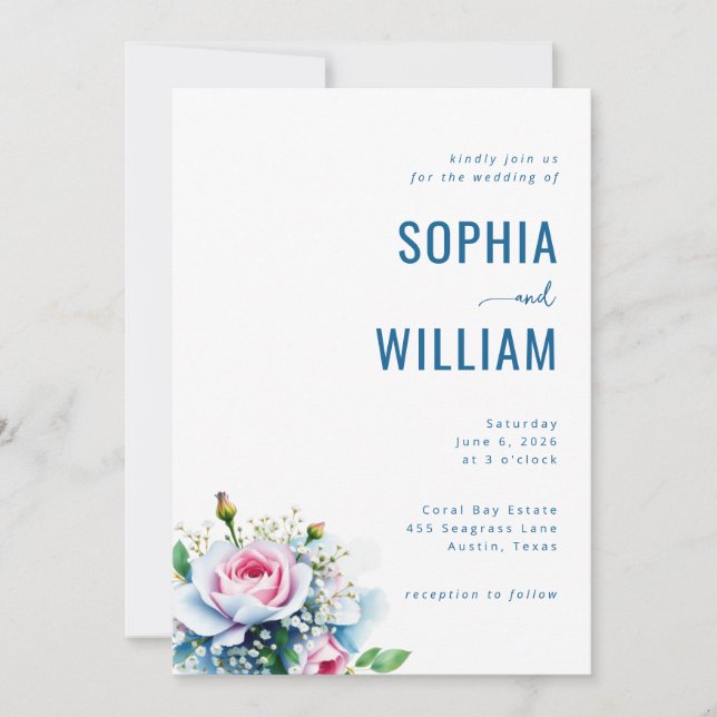 Elegant Blue Floral Wedding Invitation (Front)