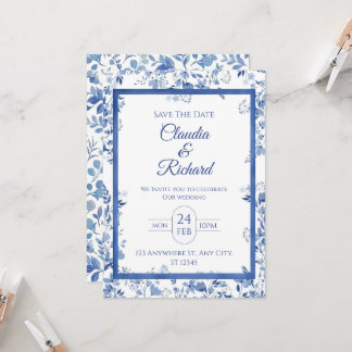 Elegant Blue Floral Wedding Invitation 