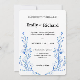 Elegant Blue Floral Wedding Invitation   Modern Bo