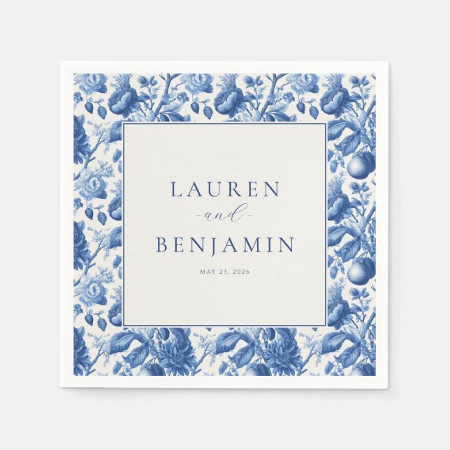 Elegant Blue Floral Wedding Invitation Napkin (Front)