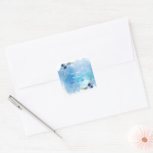 Elegant Blue Floral Wedding Invitation Square Sticker