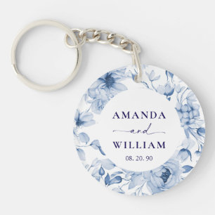 Elegant Blue Floral Wedding Key Ring
