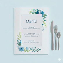 Elegant Blue Floral Wedding Menu Card