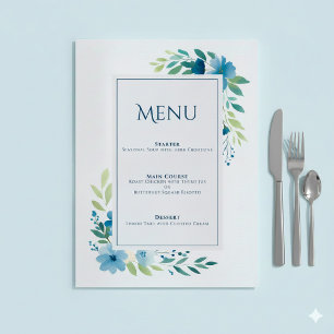 Elegant Blue Floral Wedding Menu Card