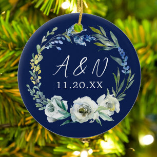 Elegant Blue Floral Wedding Monogram Christmas Ceramic Tree Decoration
