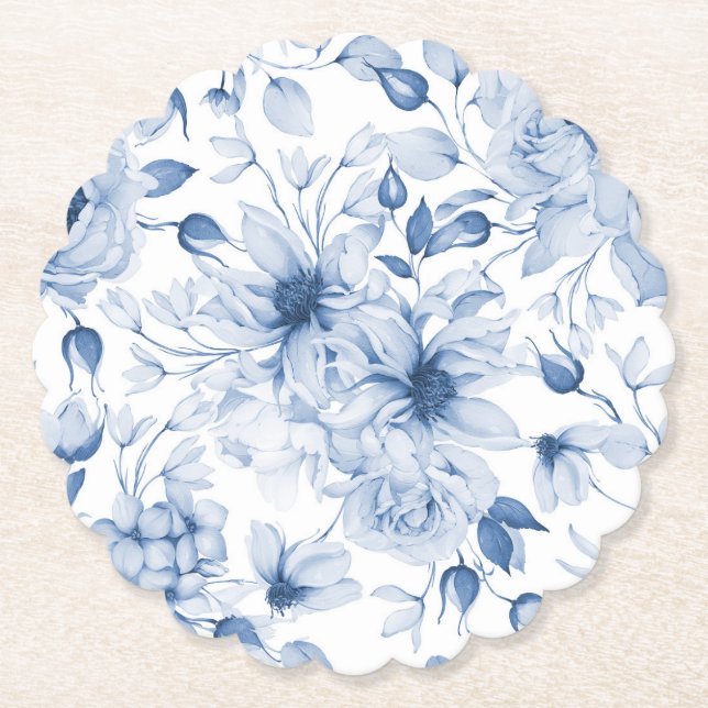 Elegant Blue Floral Wedding  Paper Coaster (Front)