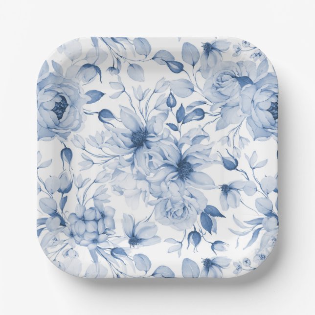 Elegant Blue Floral Wedding Paper Plate (Front)
