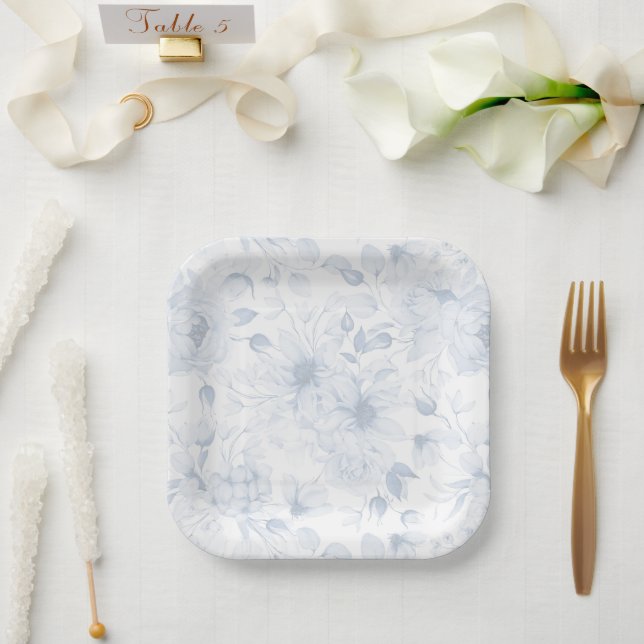 Elegant Blue Floral Wedding Paper Plate (Wedding)