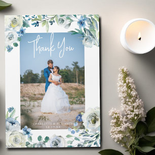 Elegant Blue Floral Wedding Photo Magnet Card
