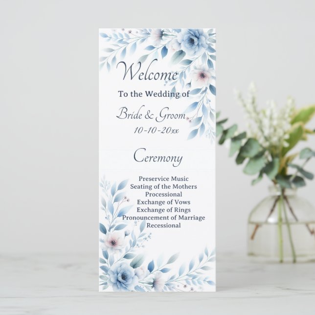 Elegant Blue Floral Wedding Programme (Standing Front)