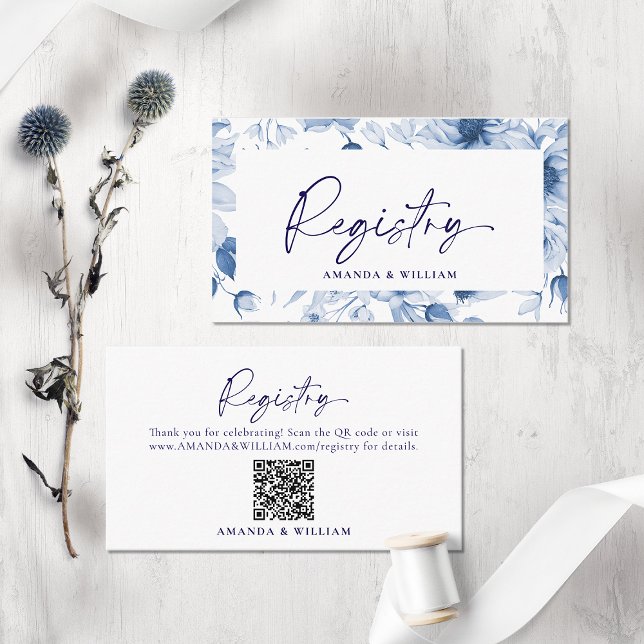 Elegant Blue Floral Wedding Registry Card with QR  (Creator Uploaded)