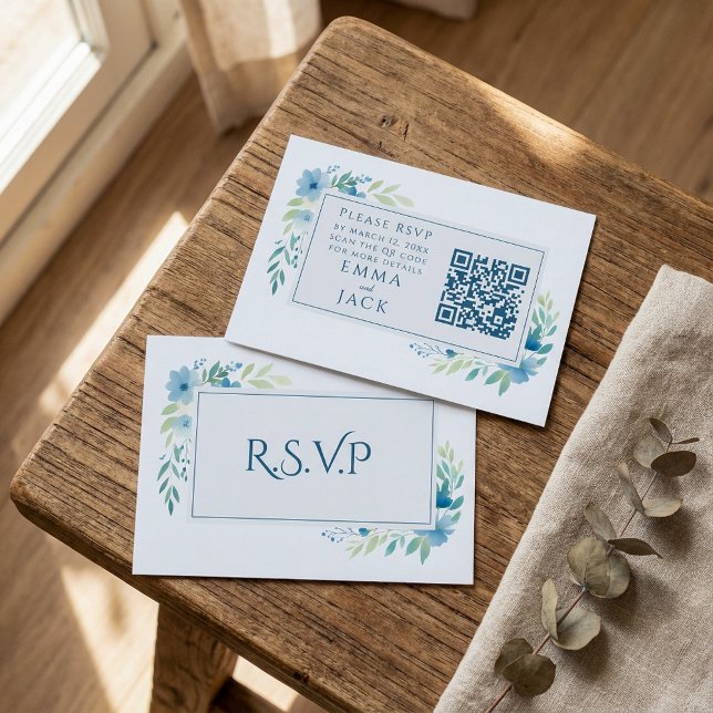 Elegant Blue Floral Wedding RSVP QR Code Enclosure Card (Elegant Blue Floral Wedding RSVP QR Code Enclosure Card)