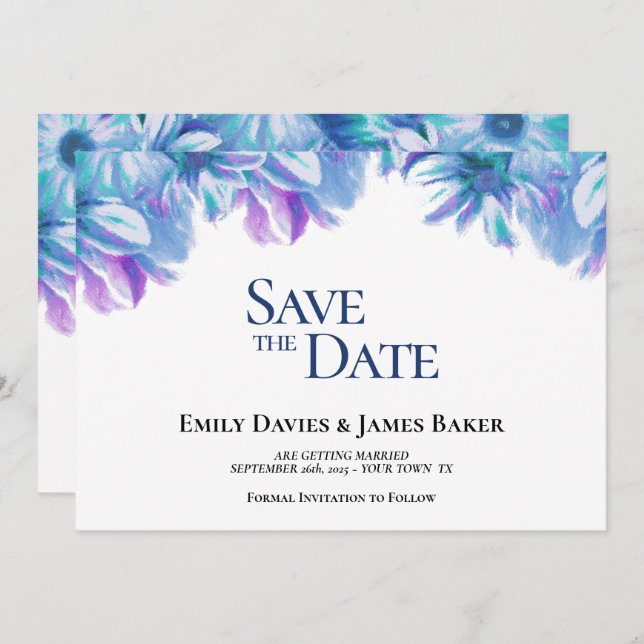Elegant Blue Floral Wedding Save the Date (Front/Back)