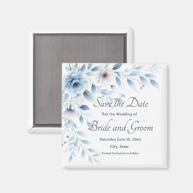 Elegant Blue Floral Wedding Save the Date Magnet (Front/Back)