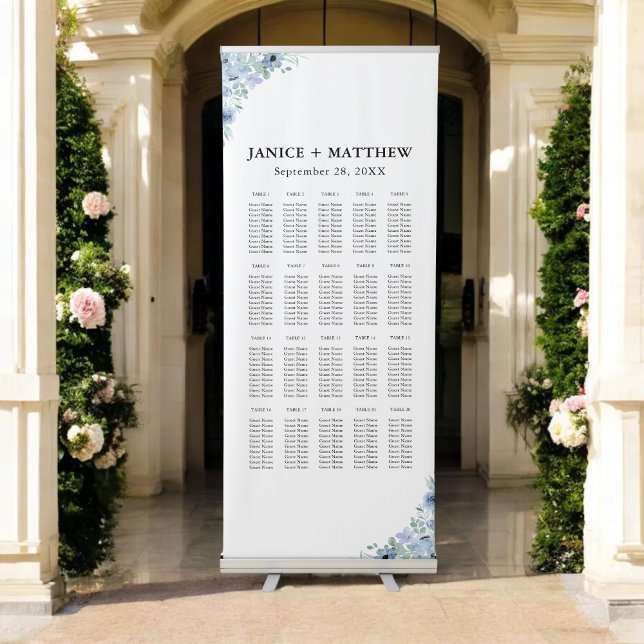 Elegant Blue Floral Wedding Seating Chart Banner (Elegant blue floral seating chart banner helps guests find seats smoothly with refined charm)