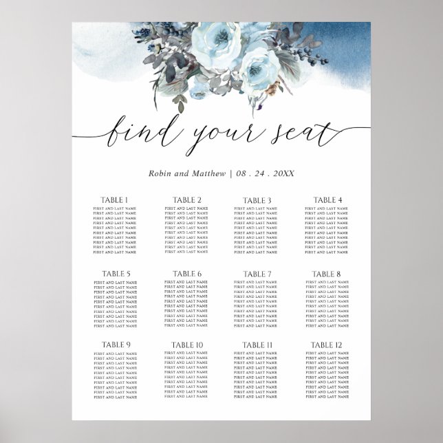 Elegant Blue Floral Wedding Seating Chart Sign (Front)