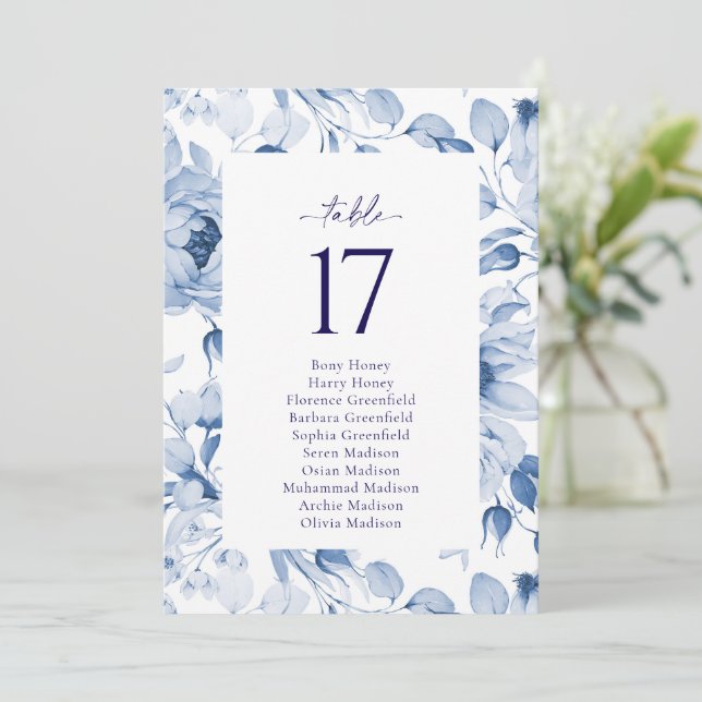 Elegant Blue Floral Wedding Table Number Card (Standing Front)