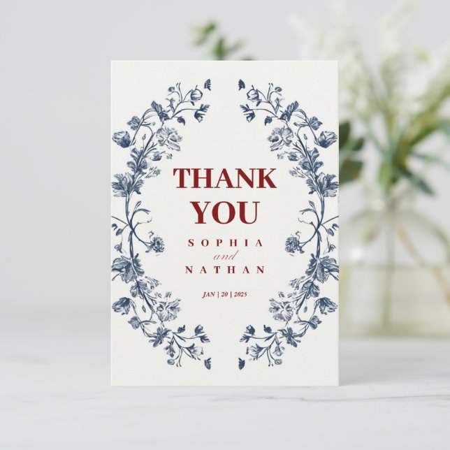 Elegant Blue Floral Wedding Thank You Card (Standing Front)