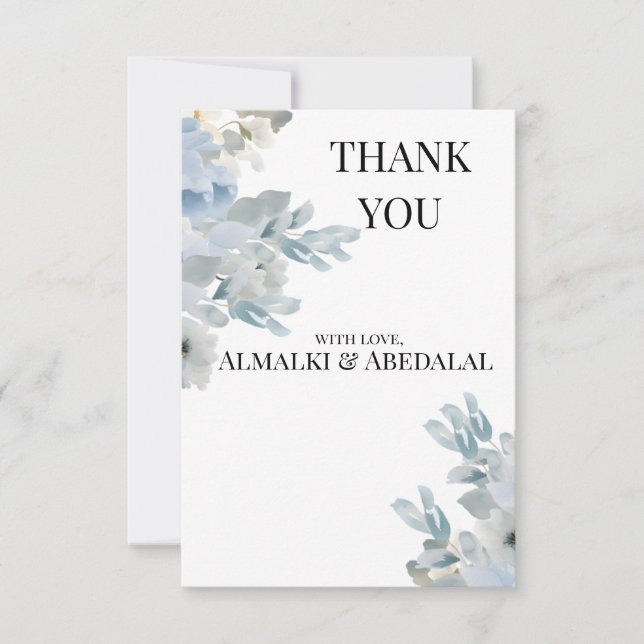 Elegant Blue Floral Wedding Thank You Card  (Front)