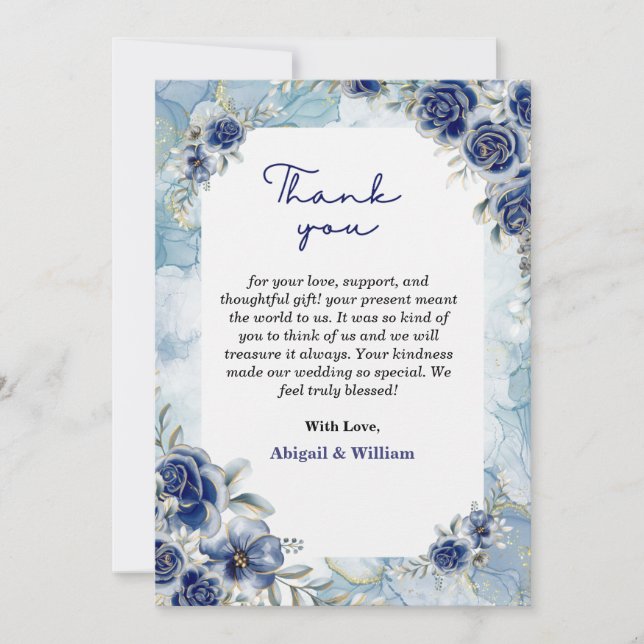 Elegant Blue Floral Wedding Thank You Flat Cards (Front)