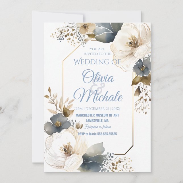 Elegant Blue Floral Wedding Watercolor Gold Frame  Invitation (Front)