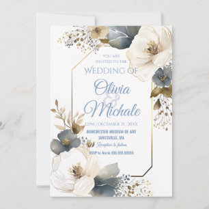 Elegant Blue Floral Wedding Watercolor Gold Frame Invitation